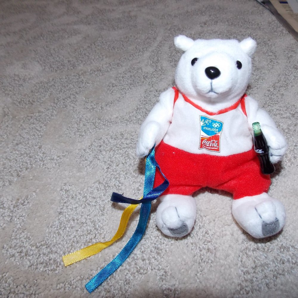 2004 Athens Olympics COCA COLA PLUSH POLAR BEAR in Coke Stash Can